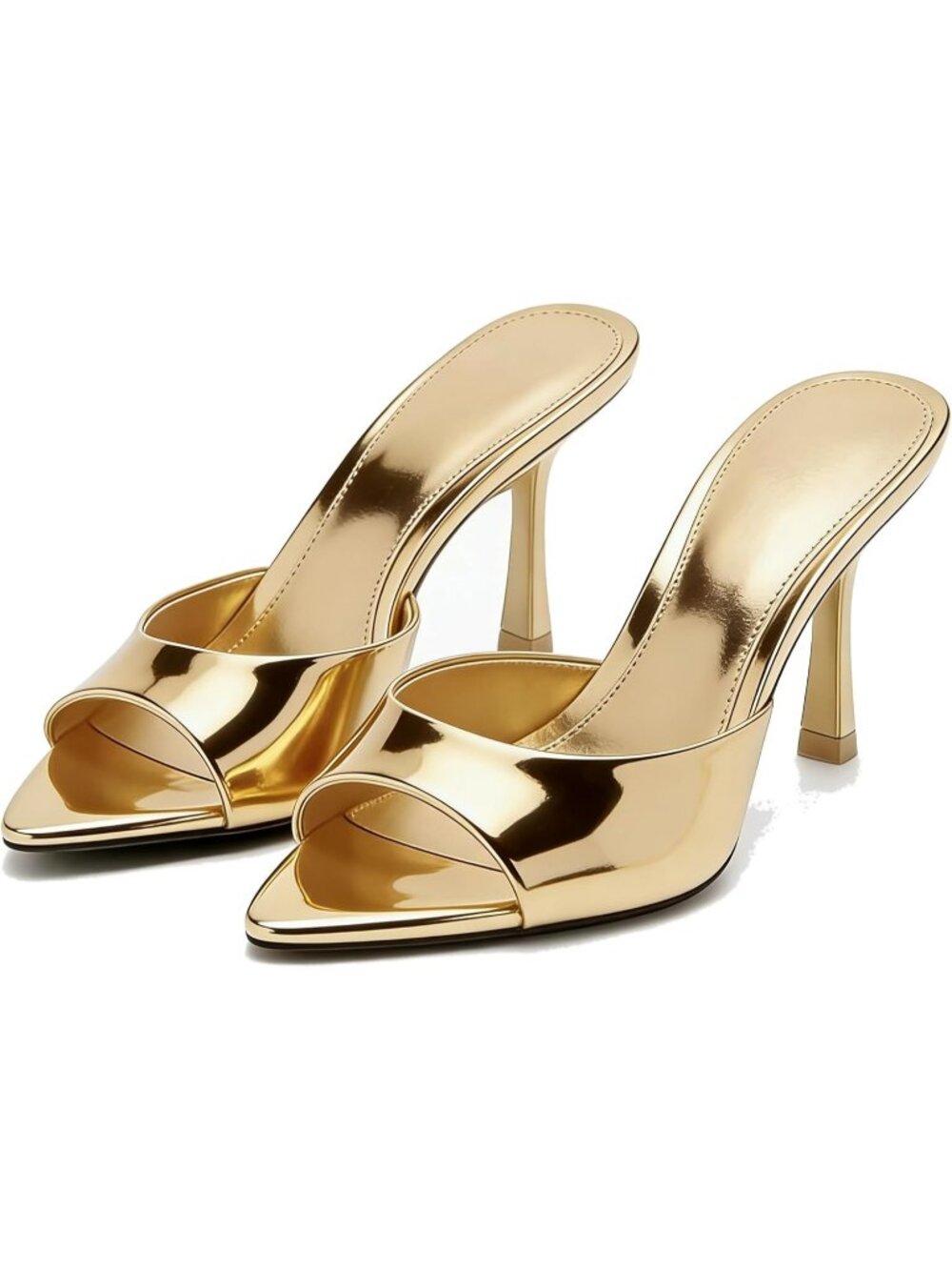 Women's Gold Polyurethane Pointed Toe Stiletto Sandal Open Mule Slingback Heels